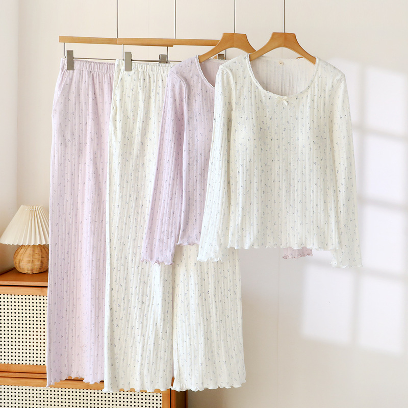 Pure Cotton Pajamas with Breast Pads for Women, Knitted Pullover Home Wear, Long-Sleeved Suit, Spring and Autumn, Sweet and Simple, Can Be Worn Outside, Comfortable Pure Cotton Pajamas with Breast Pads for Women, Knitted Pullover Home Wear, Long-Sleeved Suit, Spring and Autumn, Sweet and Simple, Can Be Worn Outside, Comfortable