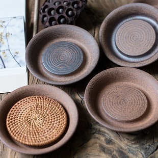 Japanese-Style Coarse Pottery Teapot Holder Round Small Water Storage Tray Tea Set Accessories Tea Table Original Mineral Dry Brewing Pot Mat Ceramic