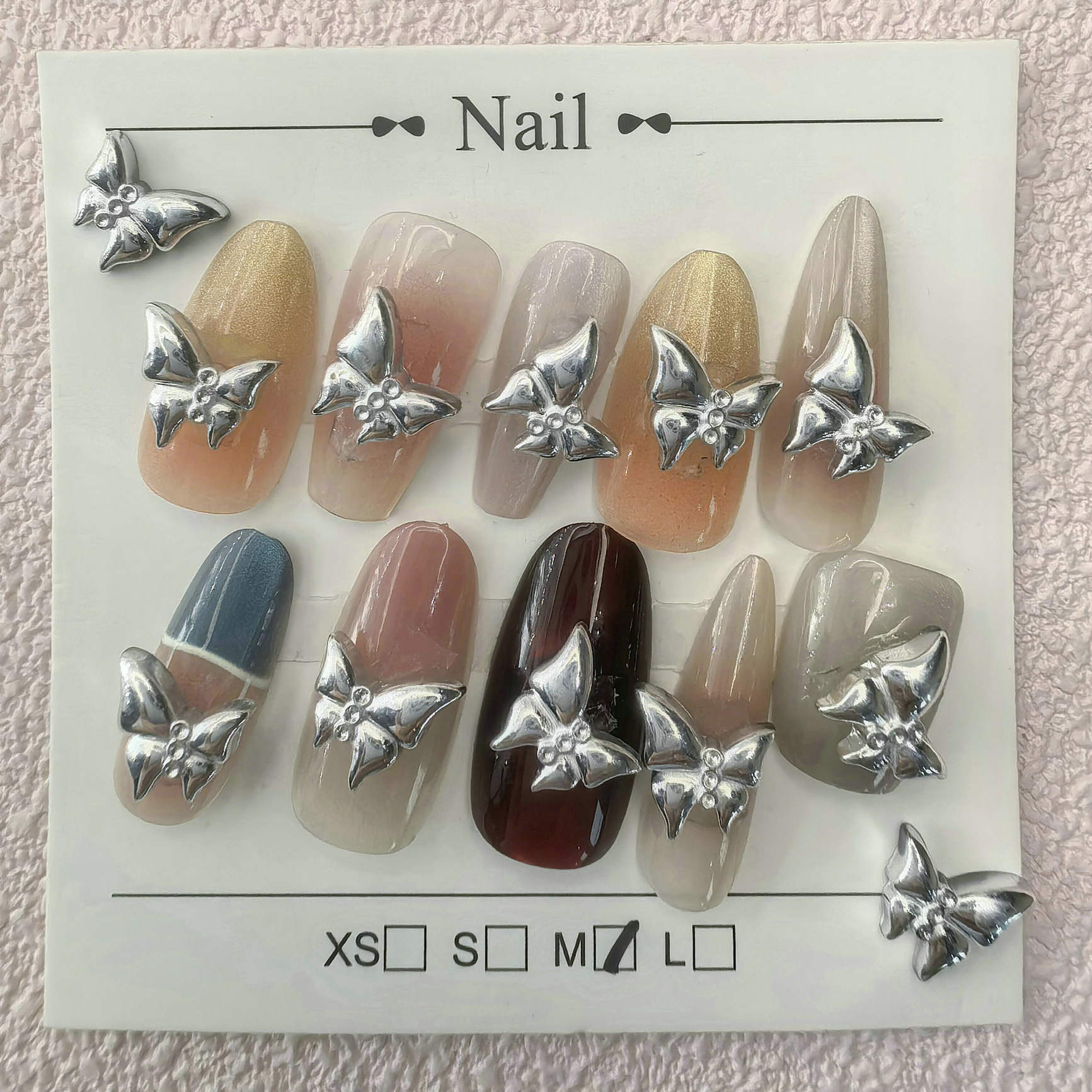 树脂电镀仿银INS风迷你蝴蝶结美甲饰品网红新款立体简约穿戴甲