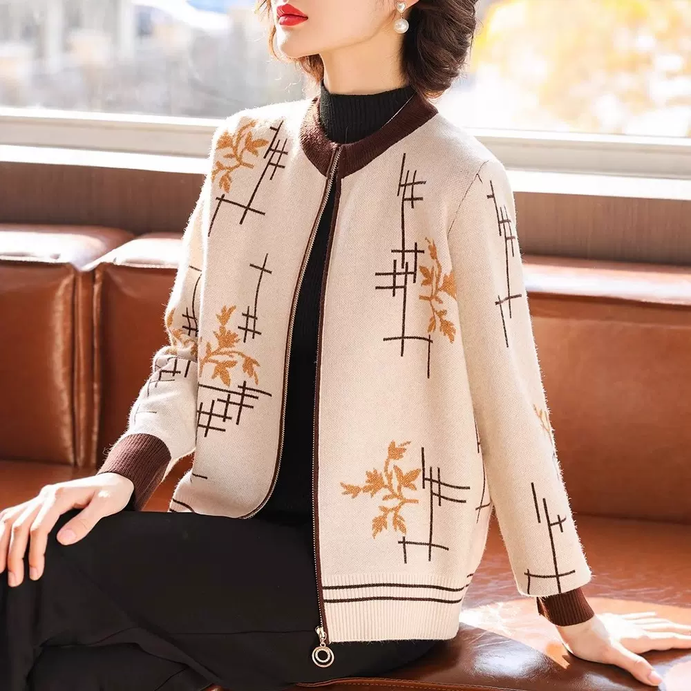 妈妈秋装2025新款开衫外套时尚大码中老年女春秋季针织夹克衫上衣