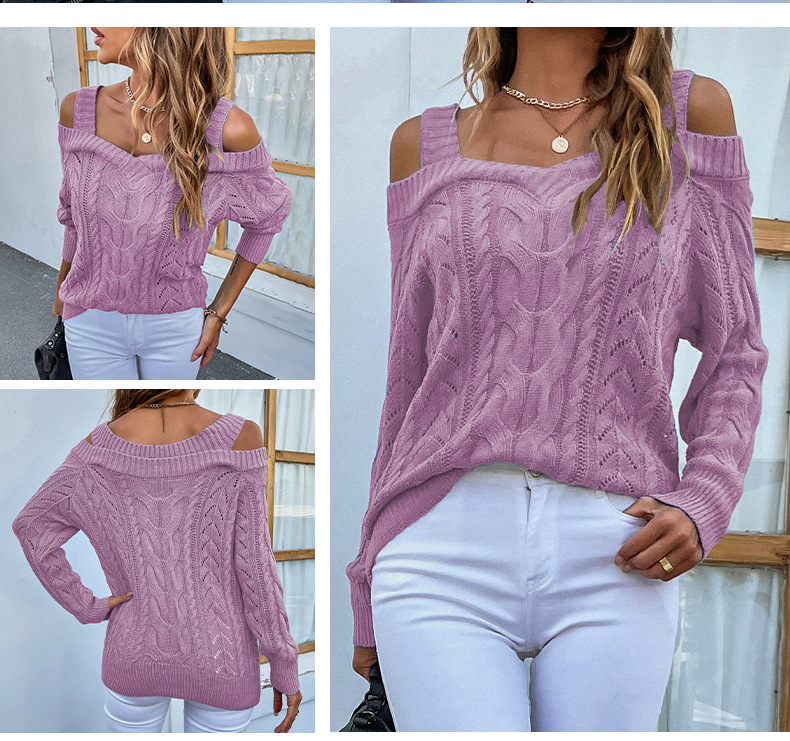 solid color twist off-shoulder long sleeve sling sweater NSMMY138341