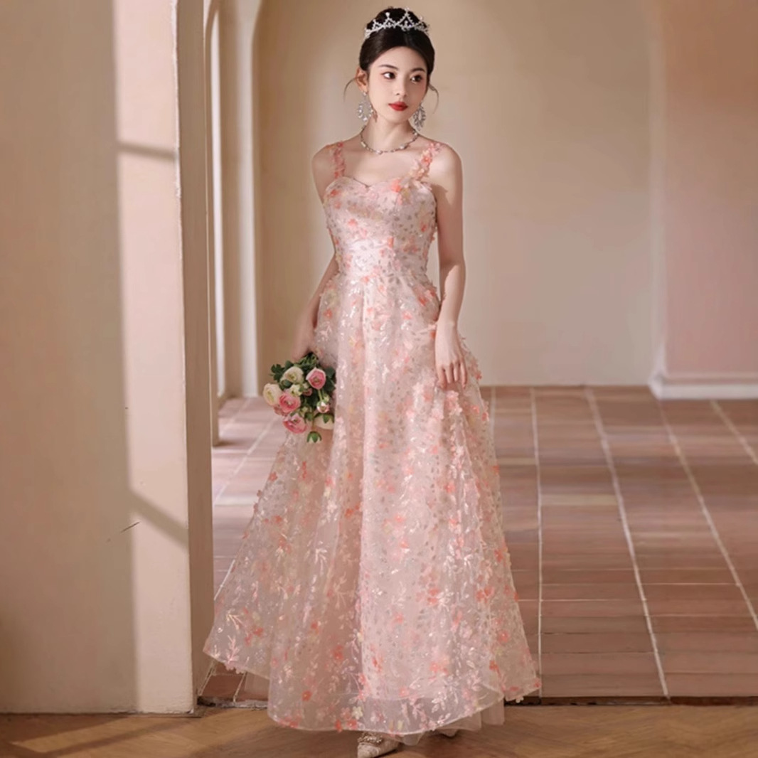 Đầm dạ hội không dây kiểu Pháp dáng suông midi, thiết kế sang trọng nhẹ nhàng — Màu hồng