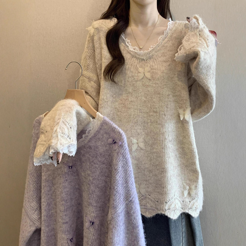 Plus Size French Lace Knitwear Women's Autumn and Winter Fashionable Soft Waxy Knitwear Bottoming Shirt V Neck Loose Slimming Look Top