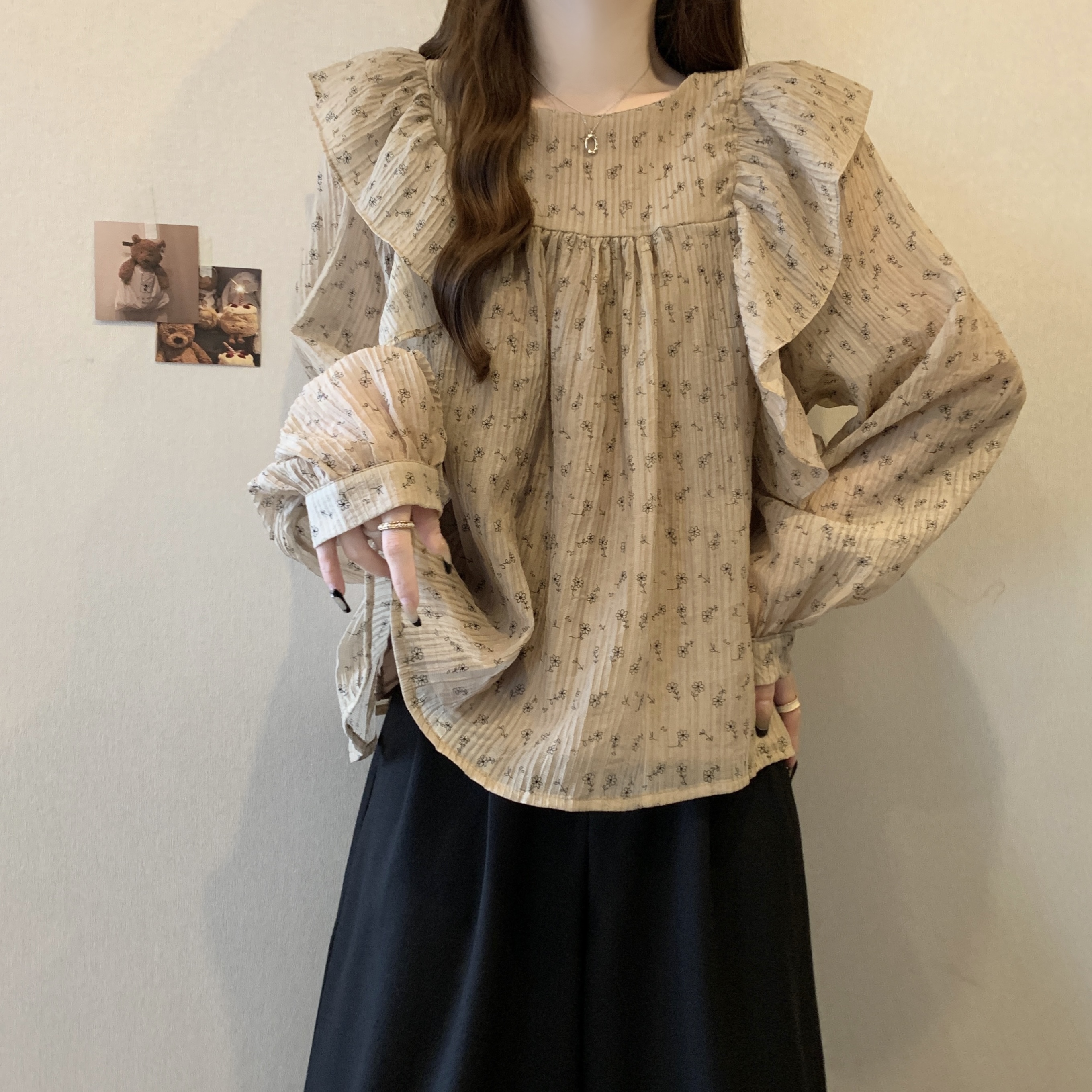 MAILLARD RUFFLED FLORAL CHIFFON 셔츠 여성용 가을 플러스 사이즈 통통녀 슬림 배꼽 덮음 인형 셔츠 연령 감소 탑