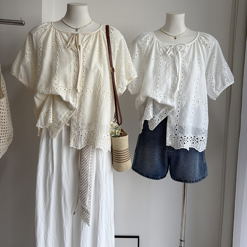 [Bizheng] 2026 Summer New Product Korean Style Round Neck Hollow-Out Age-Reducing Loose-Fitting Belly-Covering Puff-Sleeve Shirt for Women 6338