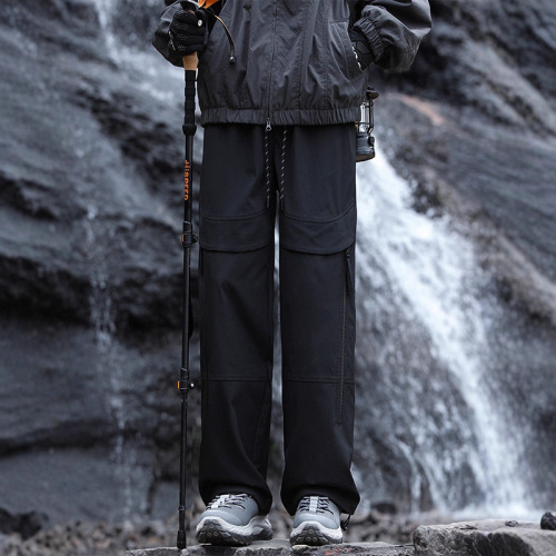 Men's Autumn/Winter Waterproof Windproof Fleece-lined Thick Straight Leg Loose Parachute Sports Casual Pants