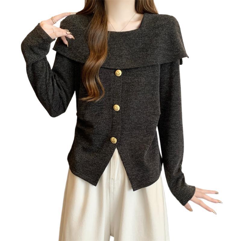 Base body-friendly knitted black long-sleeve, large size (2024), fitted, open shoulders and long sleeves