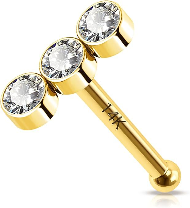 Stainless Steel Nose Stud With Three Diamonds One-word Design_voghion.com