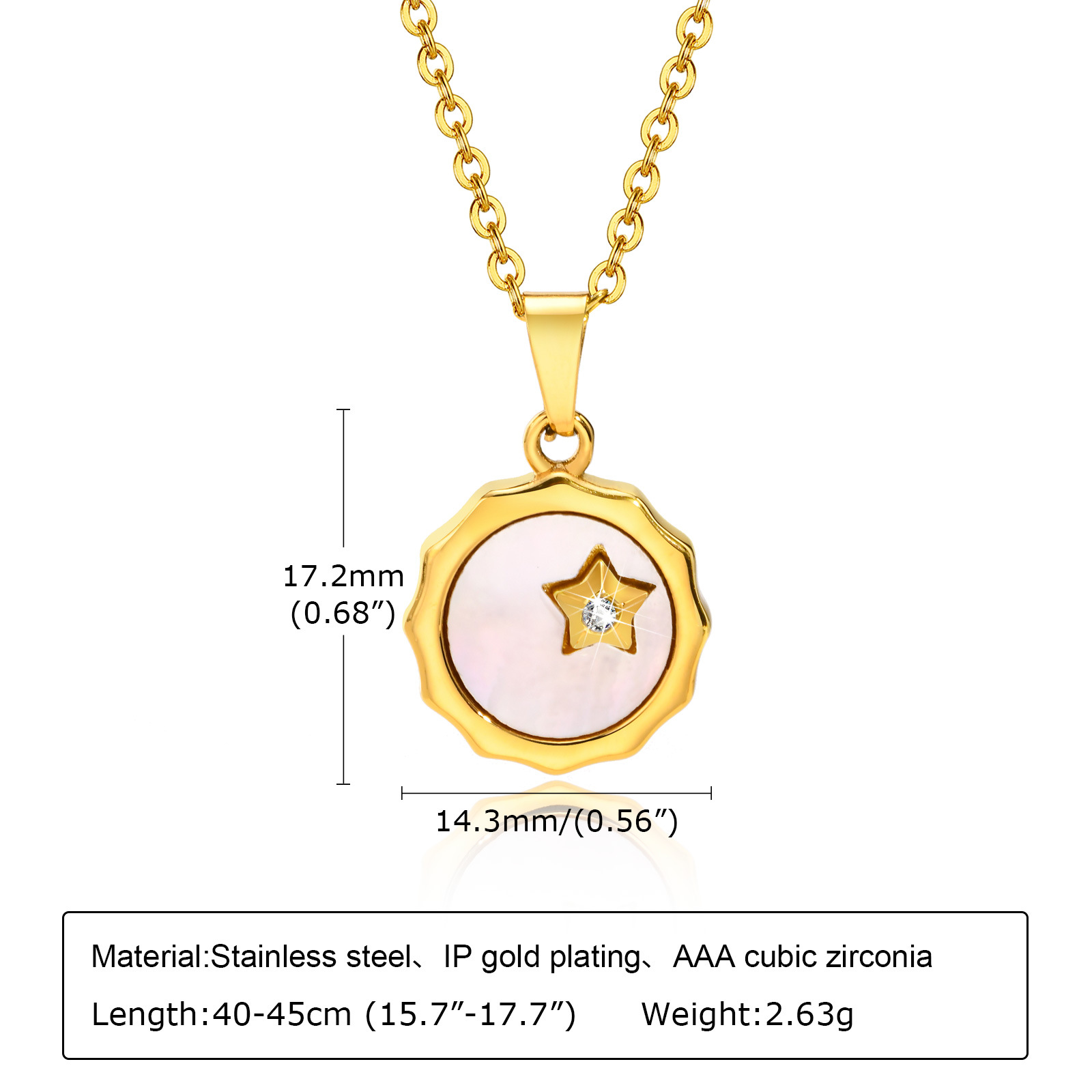 Fashion Round Star Stainless Steel Inlay Shell Zircon Pendant Necklace