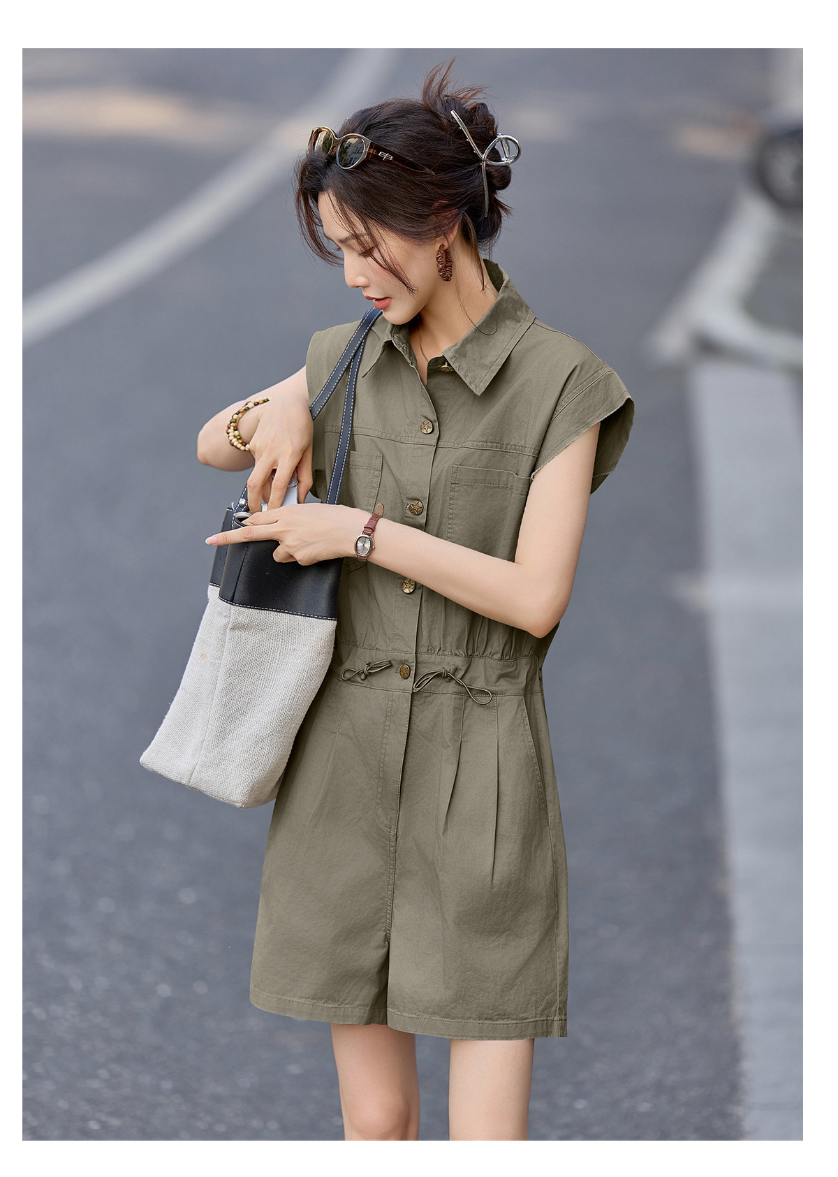 Jumpsuit nữ dáng suông tay ngắn phong cách công sở cổ điển — Quân đội xanh, màu kaki chi tiết 21