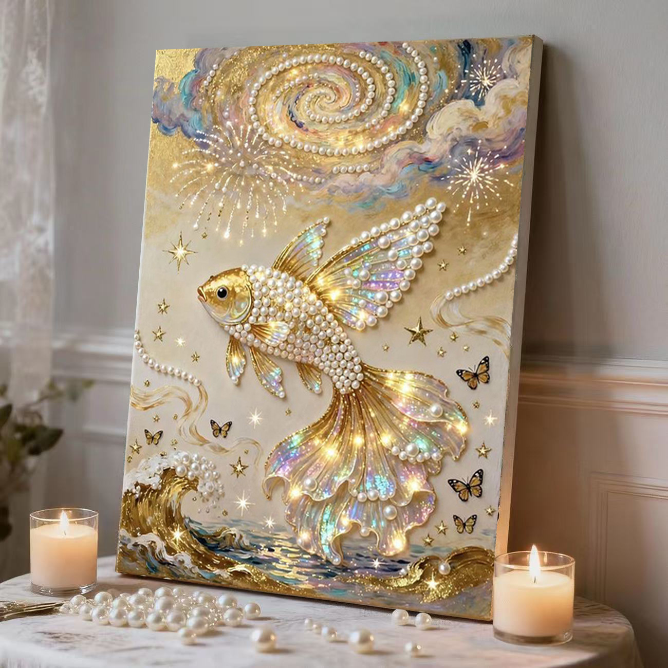 N36-koi rainbow / Comes with glue [30* 40cm nailed solid wood inner frame] + pearls + dotting pen + diamond plate + jelly glue
