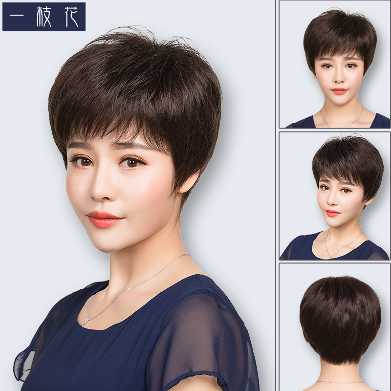 Real Hair Middle-aged and Elderly Wig Female Real Send Mother Middle-aged Lady Short Curly Hair Lightweight Realistic Breathable Natural