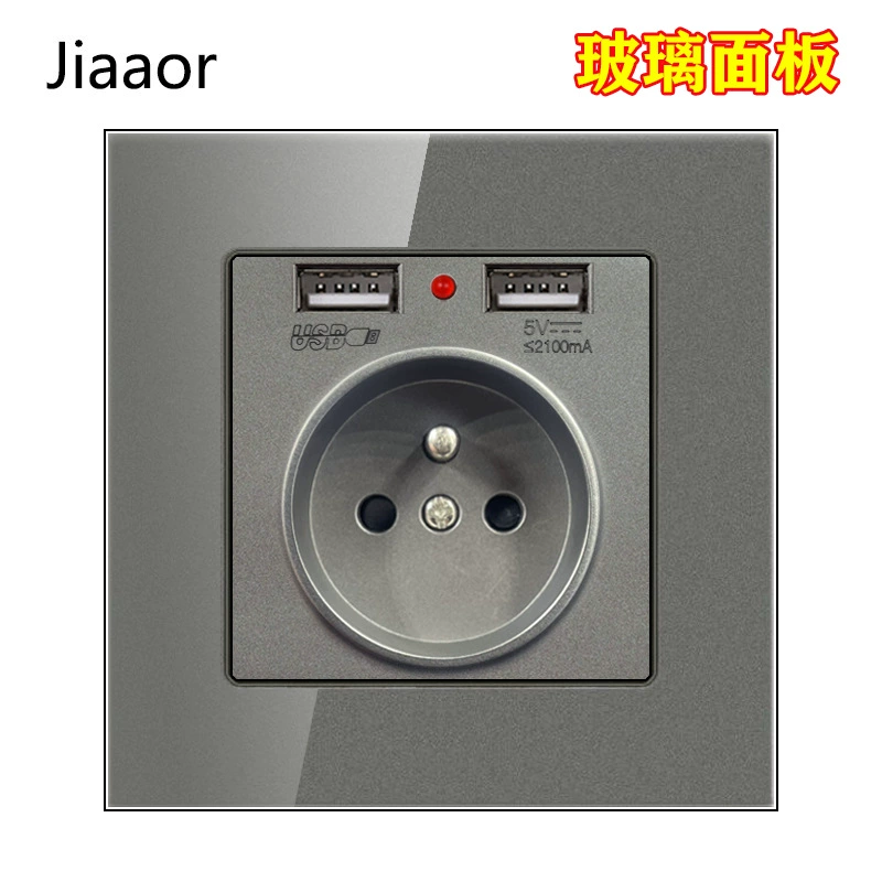 Wall socket panel 86‑type, glass gray, French standard with dual USB‑A + USB‑C, concealed