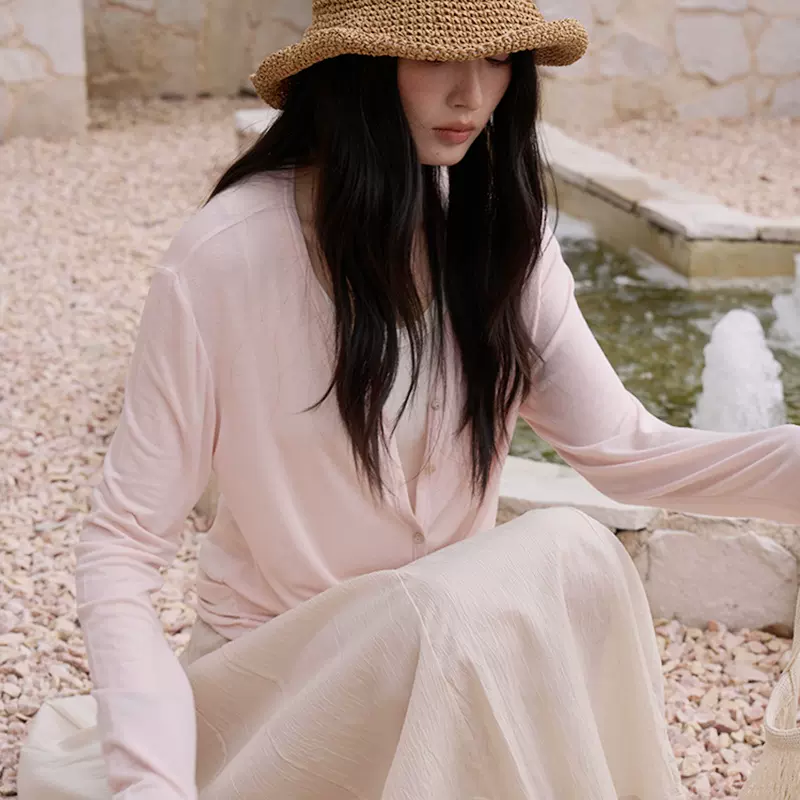 春夏天丝莫代尔开衫女蚕丝羊毛韩系亲肤针织衫轻薄纽扣长袖上衣