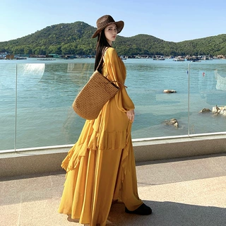 重工雪纺长袖度假连衣裙女荷叶边设计长裙针织面料修身型源头工厂
