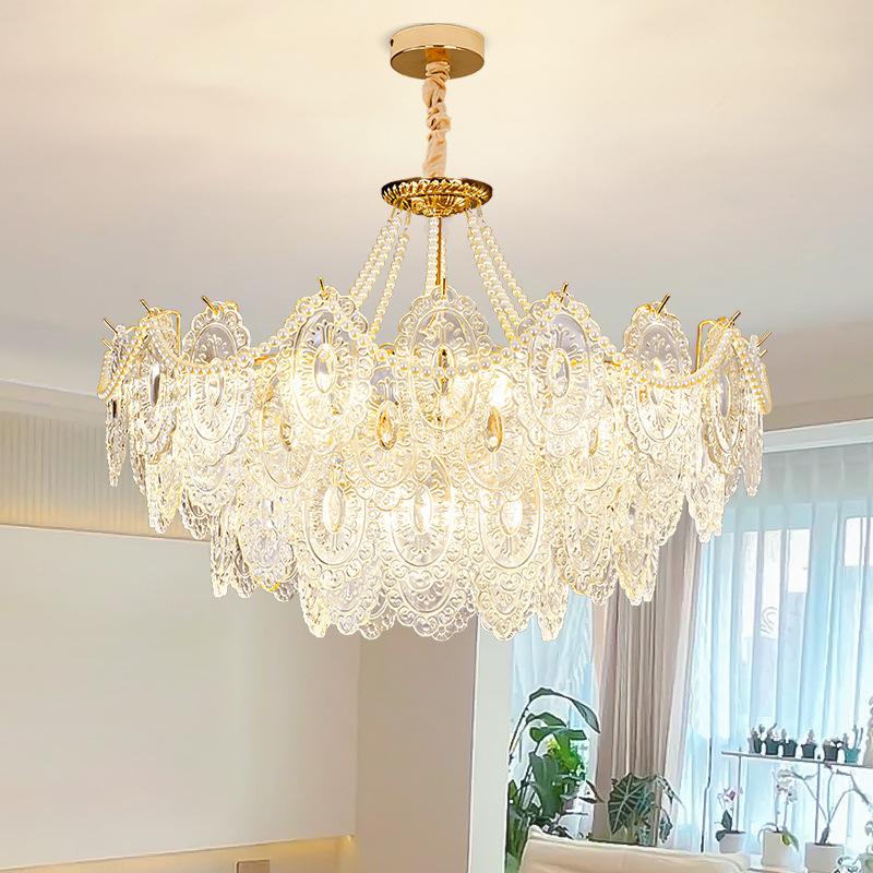 Red de sala de estar creativa luz roja viento de perla moderna crema simple lujosa francesa lámpara de vidrio del dormitorio cristal de atmósfera