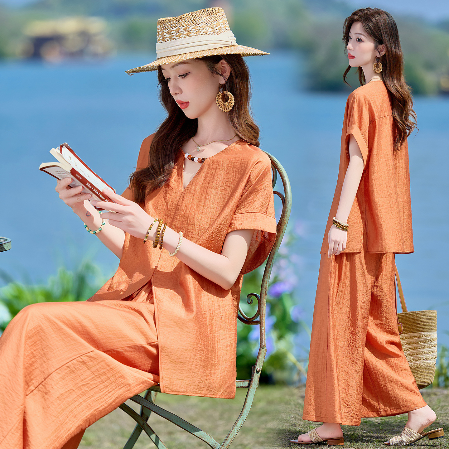 Bộ quần áo nữ hai mảnh gồm áo thun cổ V rộng và quần dài ống rộng phong cách tối giản — Cam đỏ, Màu cà phê nhạt, màu trắng ngà