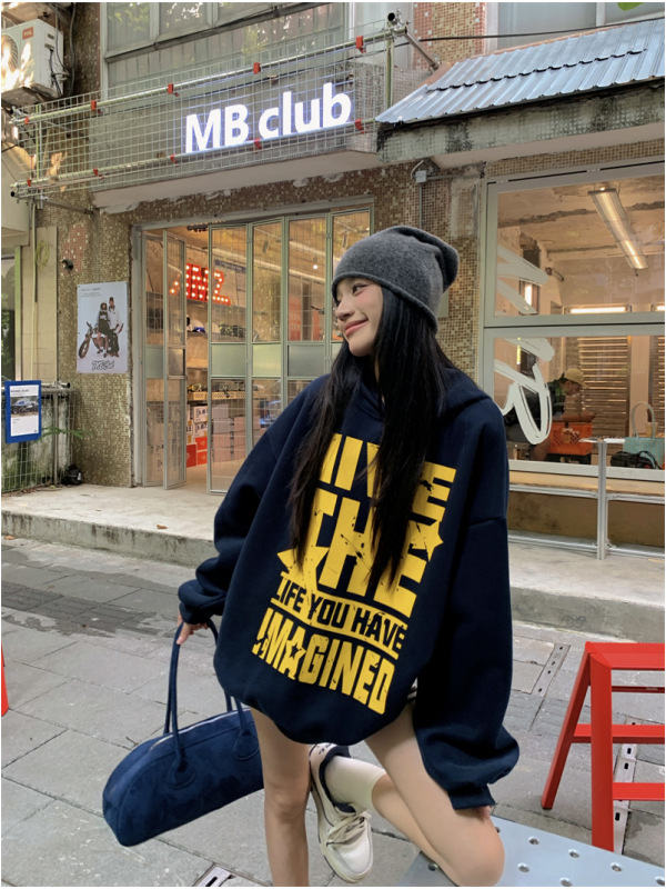 复古慵懒长袖字母印花套头卫衣女秋季新款休闲宽松显瘦连帽上衣潮|undefined