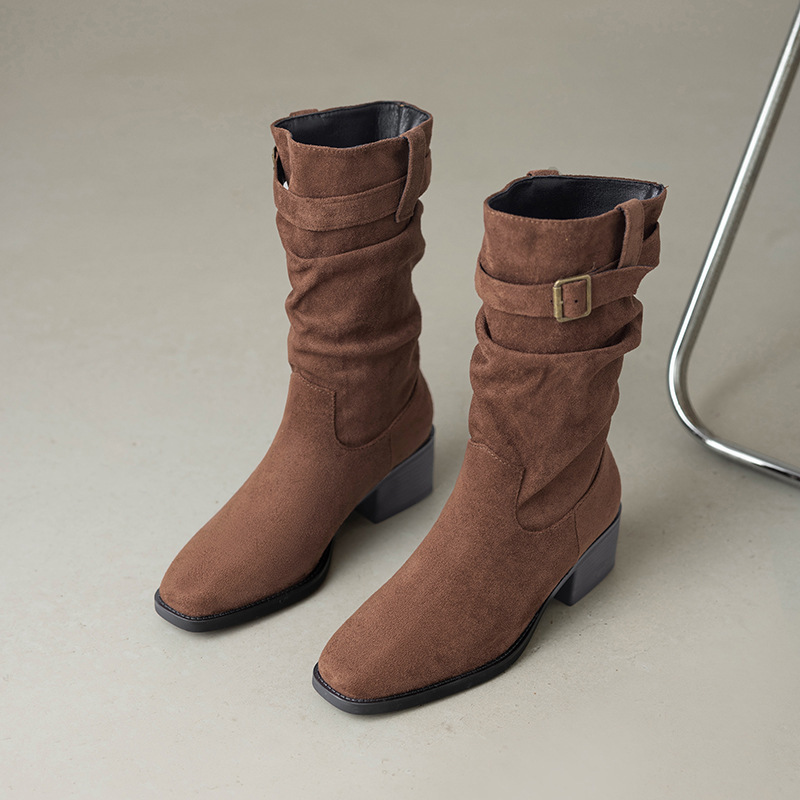 Comercio exterior transfronterizo nuevos zapatos de mujer botas de vaquero botas de talón grueso cinturón de hebilla plegable botas de pila de barril corto ocio versátil mujer image 9