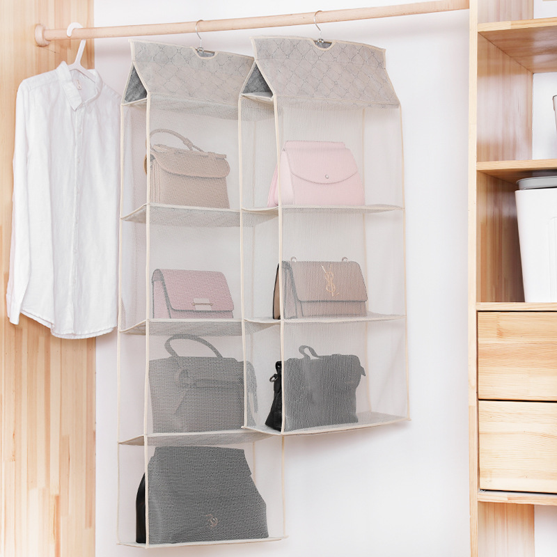 Transparent bag storage hanging bag household wardrobe hanging bag storage bag foldable multi-grid bag display rack