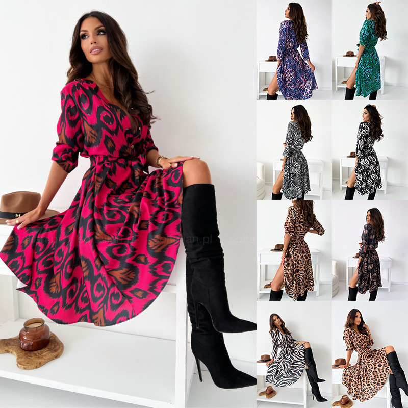 2022 cross-border foreign trade autumn new ladies fashion multi-color printing strap large swing dress spot