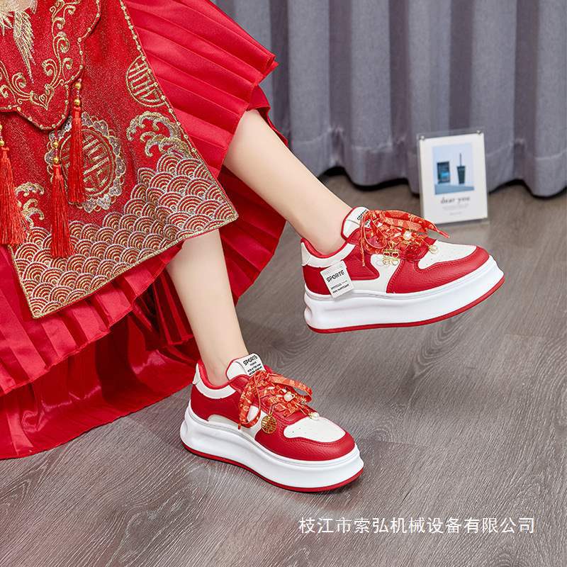 Bridal Wedding Shoes for Women in Red with Xiuhe Suit Wedding New Heightening Thick-Soled Lightweight Versatile Wedding Sneakers