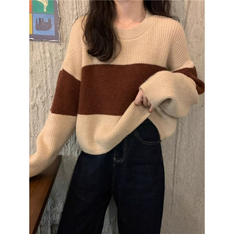 Женский трикотаж с длинными рукавами в ленивом стиле зимой, свободный, тонкий и универсальный, трикотаж с цветными блоками, короткий топ, популярный стиль для весенне-осенней одежды.