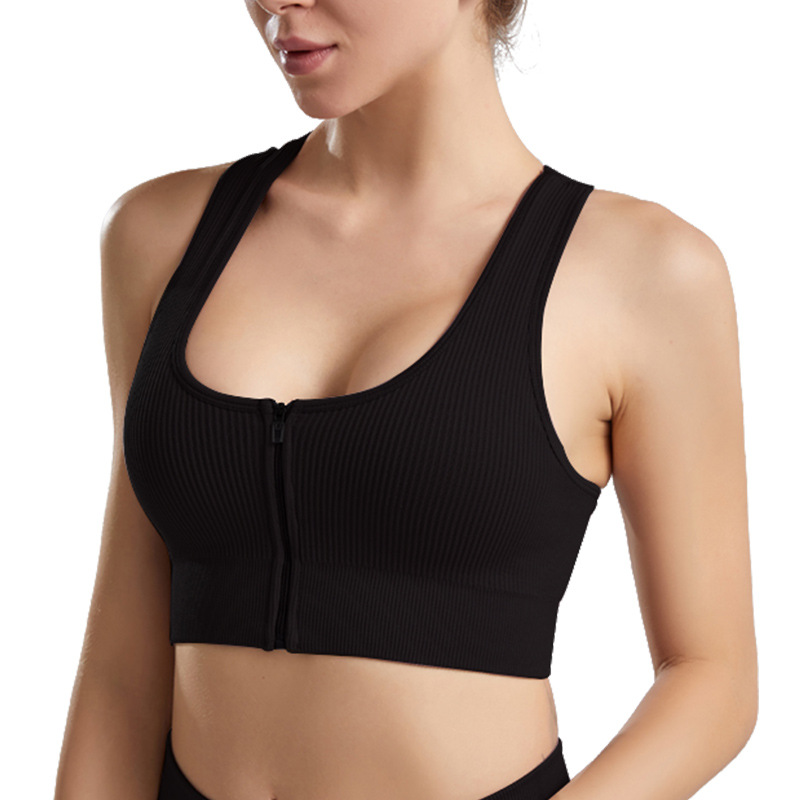 European and American Cross-Border Threaded Solid Color Zipper Vest High-Intensity Sports Push-Up Bra for Women in Stock Amazon Yoga Clothes