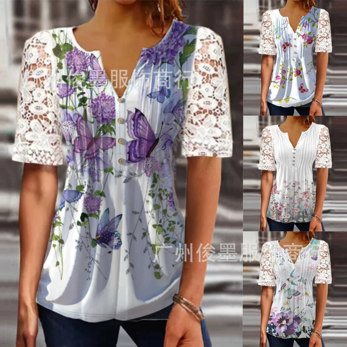 2023 Amazon трансграничная Внешняя торговля Европейская и американская Новая цифровая печать женская футболка с кружевной строчкой и V-образным вырезом и короткими рукавами