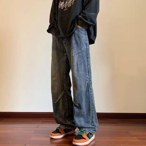 Men's Straight Leg Loose Retro Denim Jeans, Trendy Wide Leg American Street Style Casual Long Pants