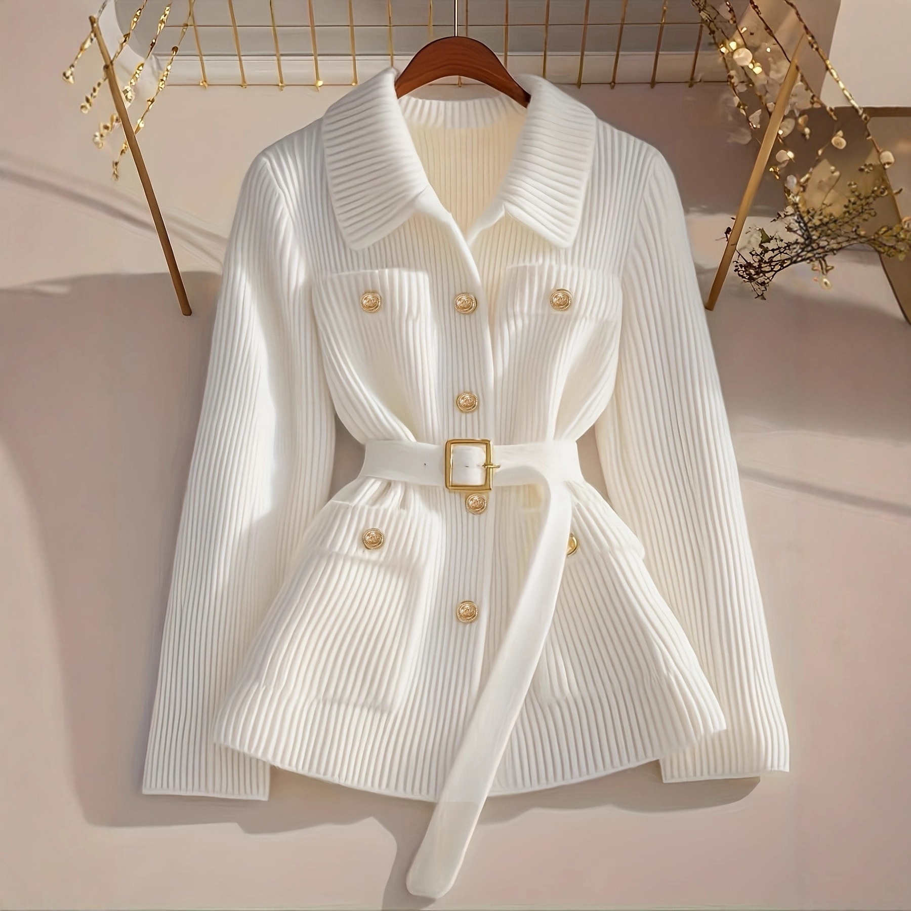 European and American Cross-Border Popular Autumn and Winter Women's Clothing, Elegant Casual Solid Color Sweater Cardigan with Belt, Thickened Knitted Jacket