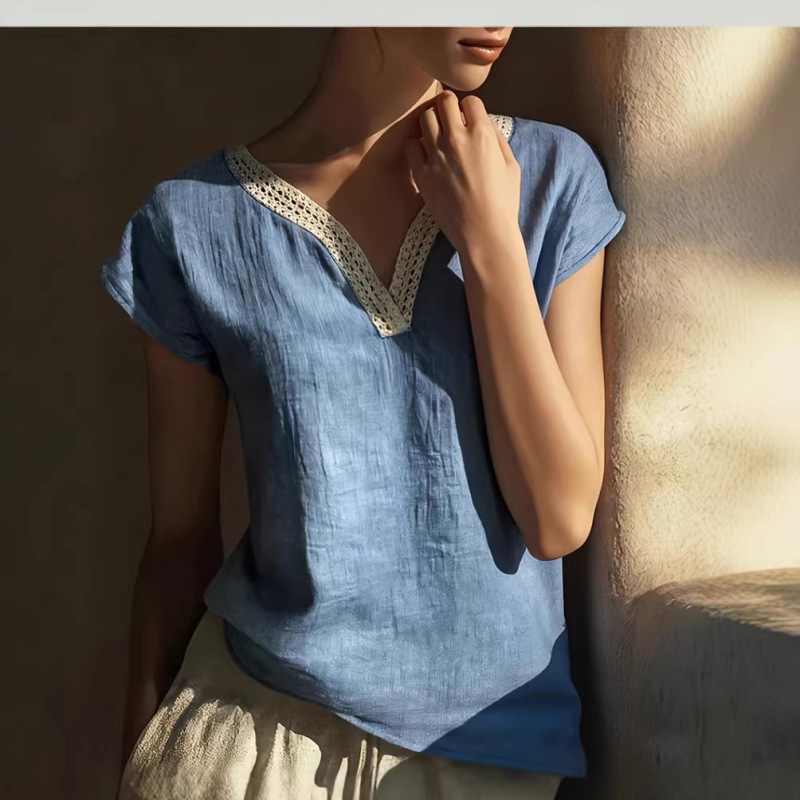 2026 New Cross-Border European and American Women's Elegant Bohemian Summer Retro Lace V-Neck Blended Cotton and Linen Shirt 2026 New Cross-Border European and American Women's Elegant Bohemian Summer Retro Lace V-Neck Blended Cotton and Linen Shirt