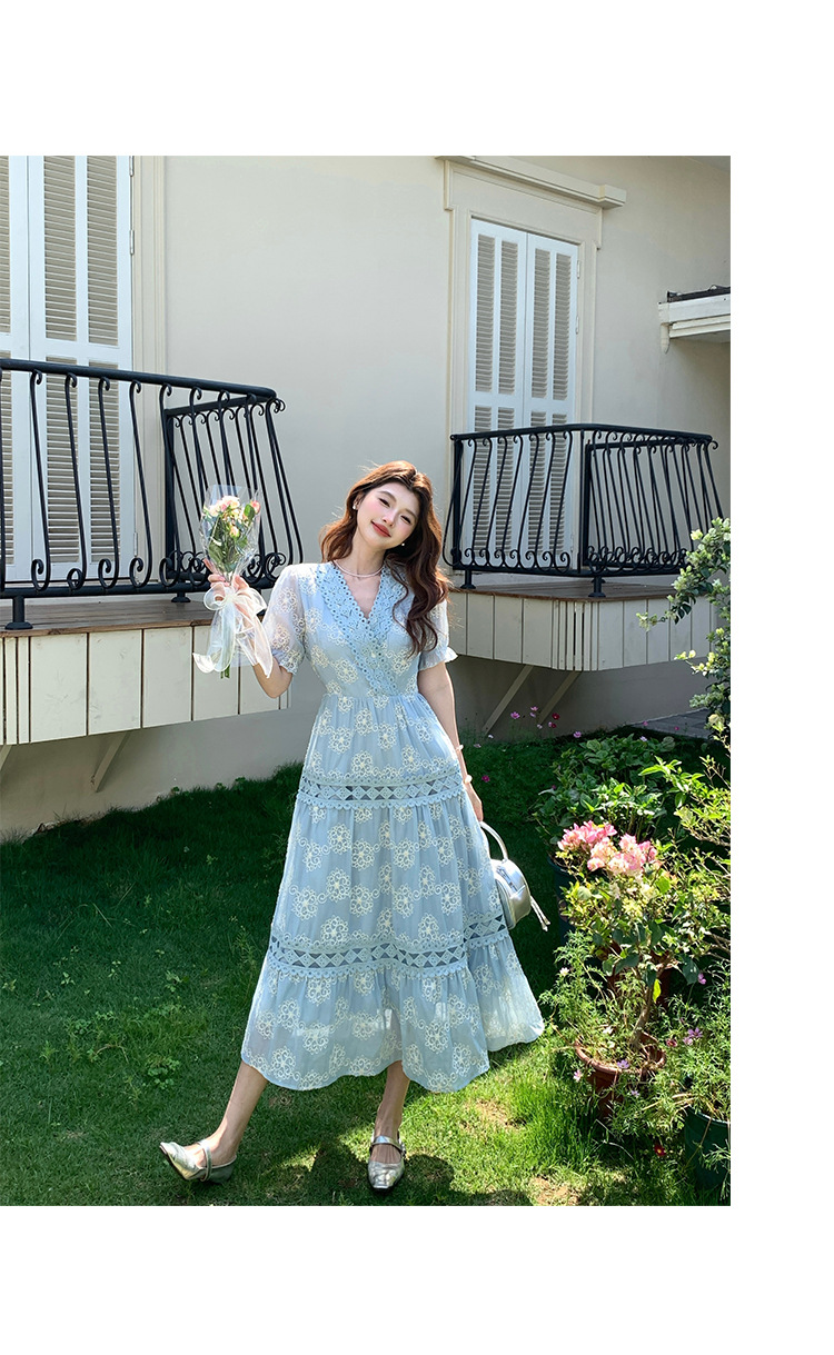 Đầm maxi nữ tay bồng ren hoa V cut-out phong cách Pháp cung đình — xanh lam, màu hồng, màu mơ chi tiết 29