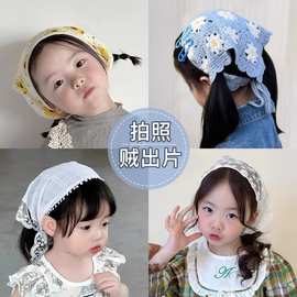 红蓝格子头巾发箍蕾丝三角巾女包头田园风发带高级感海边拍照头箍