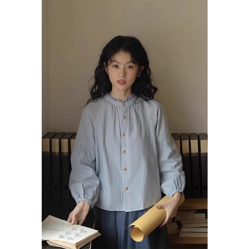 Blue Striped Shirt for Women, Spring and Autumn, Artistic Retro Loose Long-Sleeve Petite Elegant Lace Top Inner Shirt