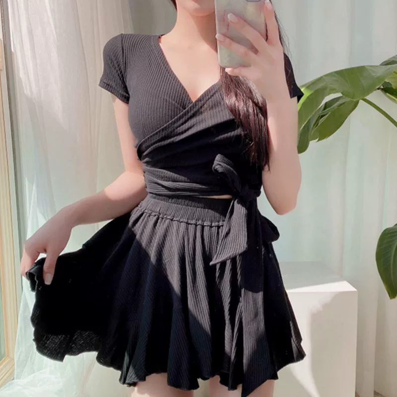 Sexy split solid swimwear for students, with short sleeve, slim fit