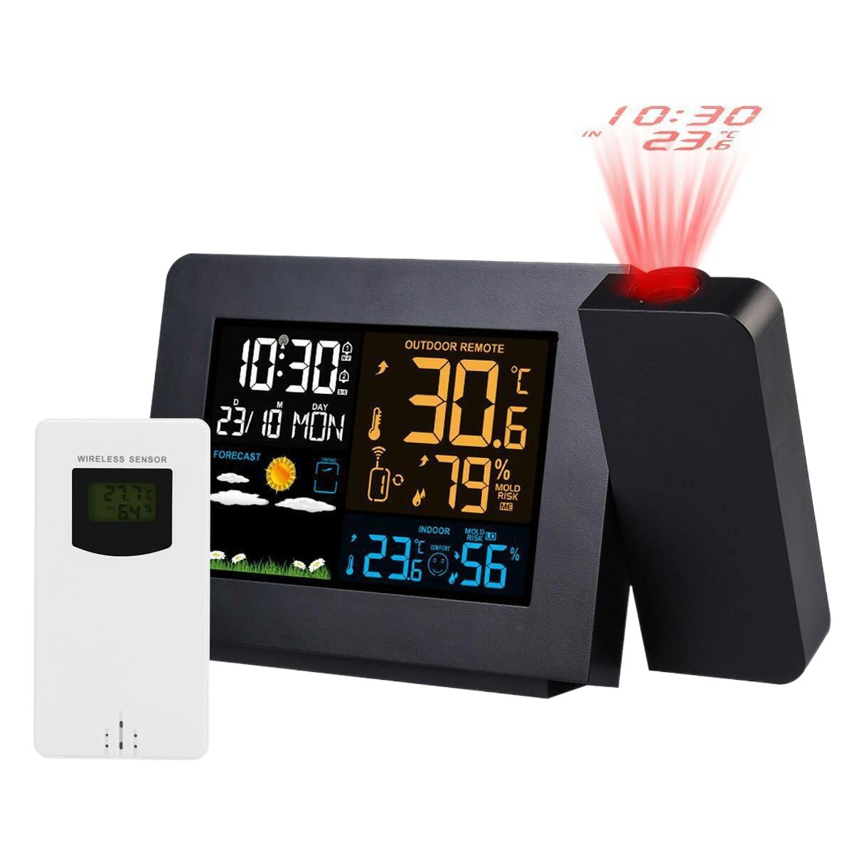 Termómetro e Higrómetro Interior y Exterior, Reloj Despertador Multifunción con Proyección, Reloj Meteorológico, Reloj Electrónico con Proyección de Pronóstico del Tiempo con Pantalla a Color, Venta al por Mayor