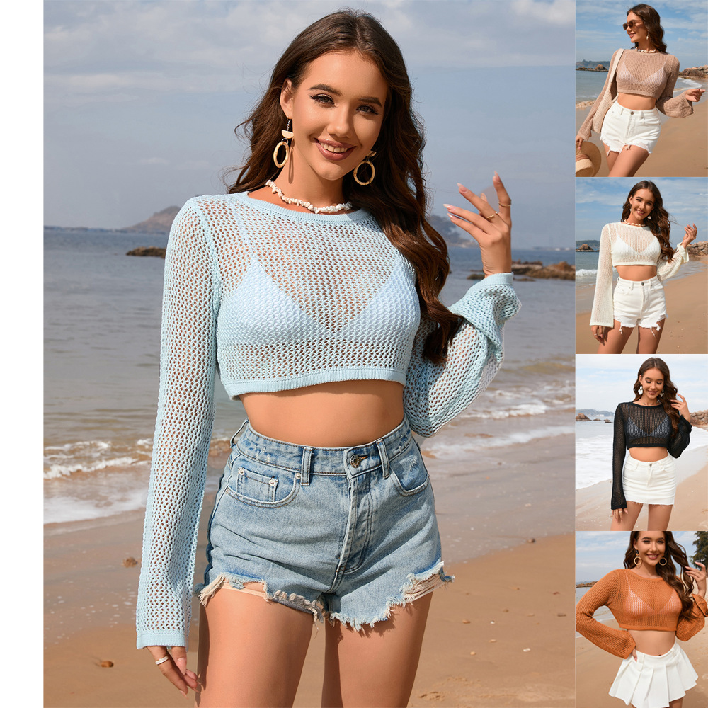 Spring/Summer 2024 European and American hollow-out new Amazon long-sleeved pullover sweater women's short-sleeved solid color women's sweater