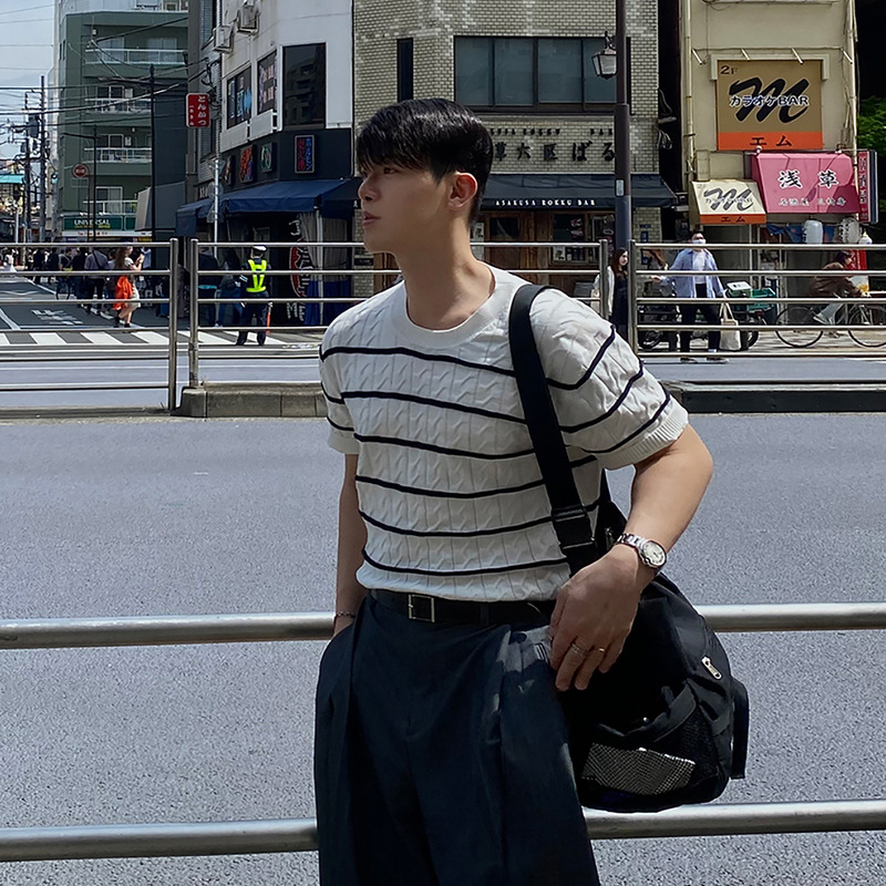 Asclo&Qiao Salt-Style Boyfriend-Style Striped Knitted T-Shirt Short-Sleeved Daily Versatile Korean-Style Loose Casual Top
