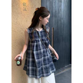 森系田园风格子无袖衬衫女夏搭配阔腿裤上衣清纯miu系娃娃衫套装