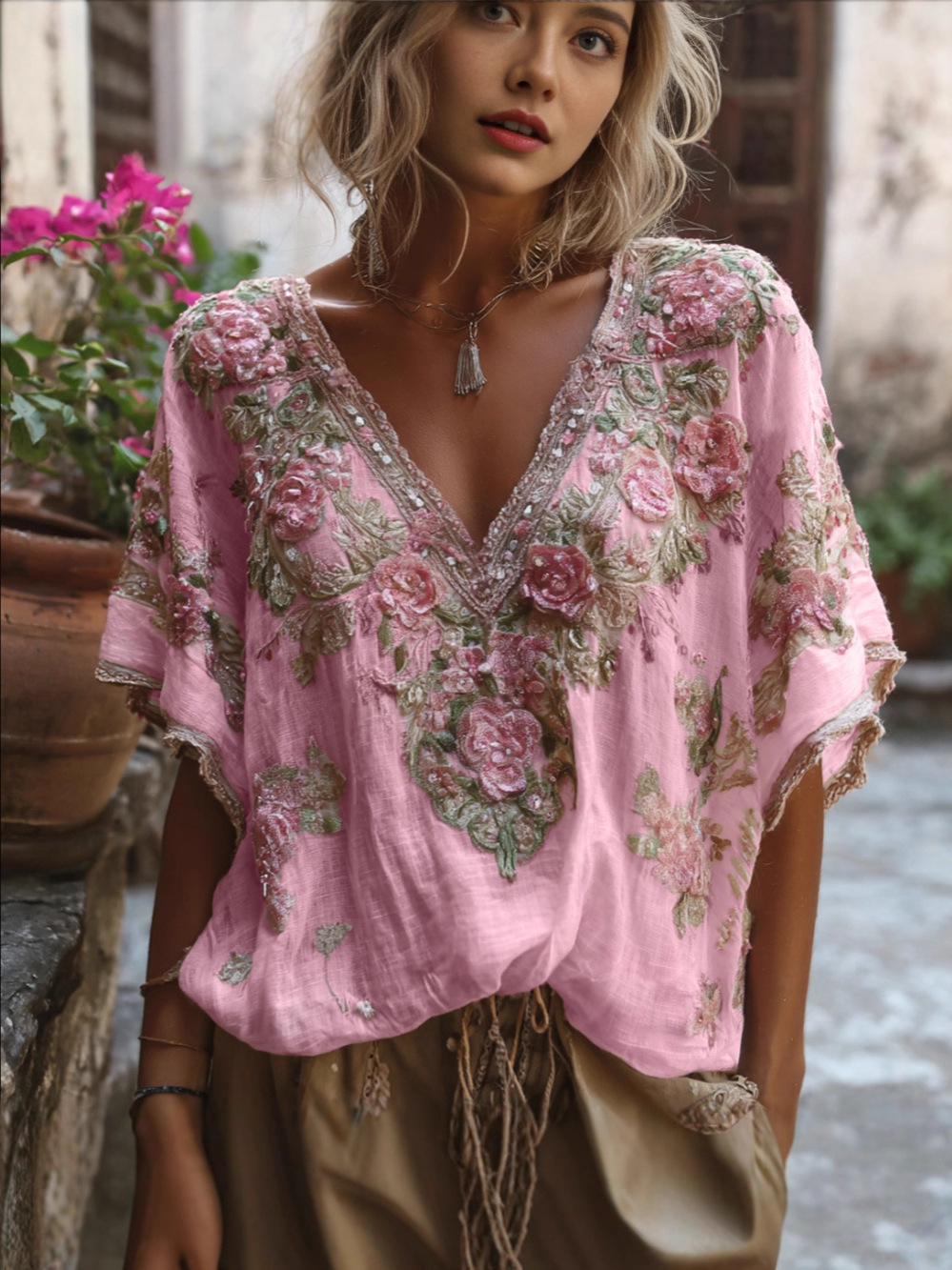 Women's 3D Digital Print V-Neck Mid-Sleeve Top Base Shirt_ecoleips.com