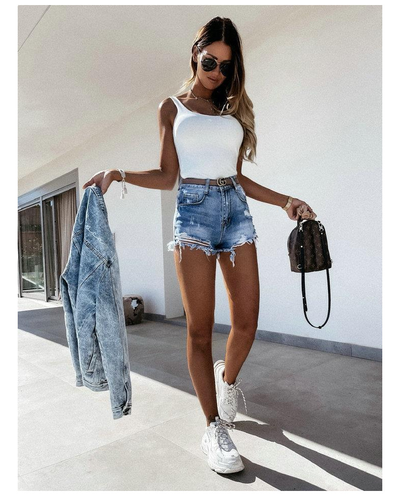 wash water hole straight mid-waist denim shorts Nihaostyles wholesale clothing vendor NSJRM72191