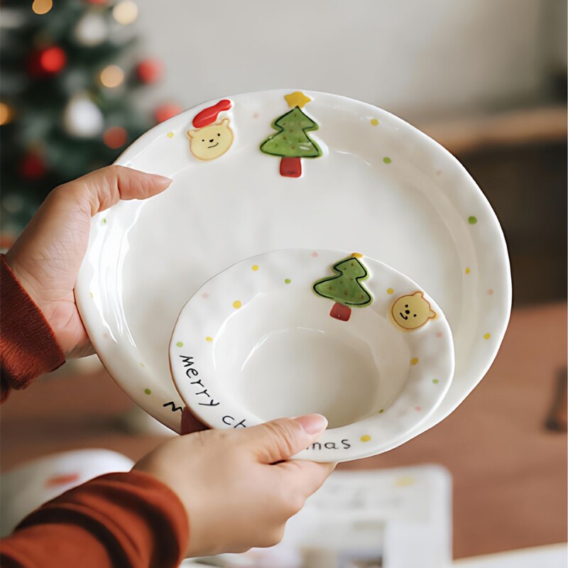 Hand-Painted Christmas Tree and Bear Ceramic Water Cup, Yogurt Bowl, Dinner Plate, Deep Plate, Underglaze Color, Cute Christmas Tableware Gift Hand-Painted Christmas Tree and Bear Ceramic Water Cup, Yogurt Bowl, Dinner Plate, Deep Plate, Underglaze Color, Cute Christmas Tableware Gift