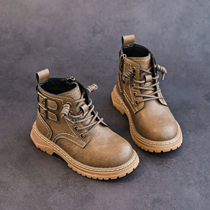 Ботинки для мальчиков, осень-зима 2025, новые британские короткие ботинки, детские теплые бархатные ботинки, модные однотонные ботинки