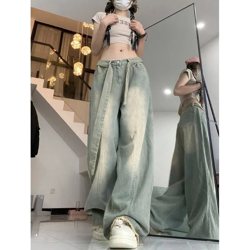 【韩牛】2025秋冬新新款毛边拼接设计百搭宽松高腰阔腿牛仔裤女|undefined
