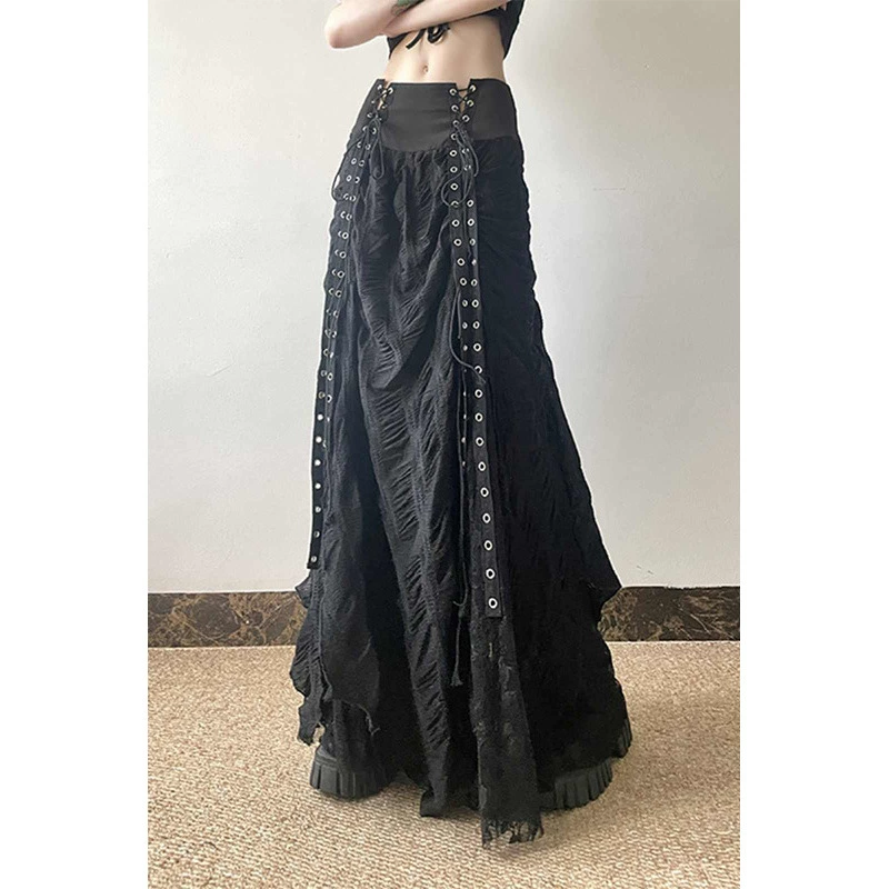 Американский ретро-стиль, кружевная сетчатая юбка, осенне-зимняя длинная юбка с высокой талией и утягивающим эффектом на бретельках