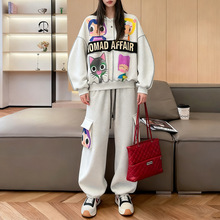 秋冬新款拼接卫衣卫裤女装两件套洋气减龄大码套装时尚卡通走秀款