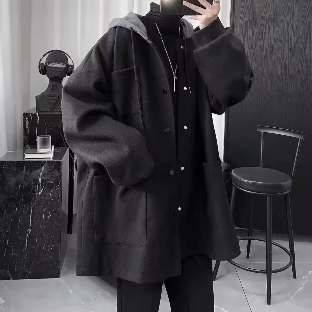Комплект, мужское осеннее шерстяное пальто, стеганое trenchcoat с капюшоном, британский стиль, свободный крой, увеличенная толщина