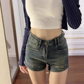复古牛仔裤弹力夏季美式辣妹阔腿显瘦短裤薄款高腰直筒裤子热裤