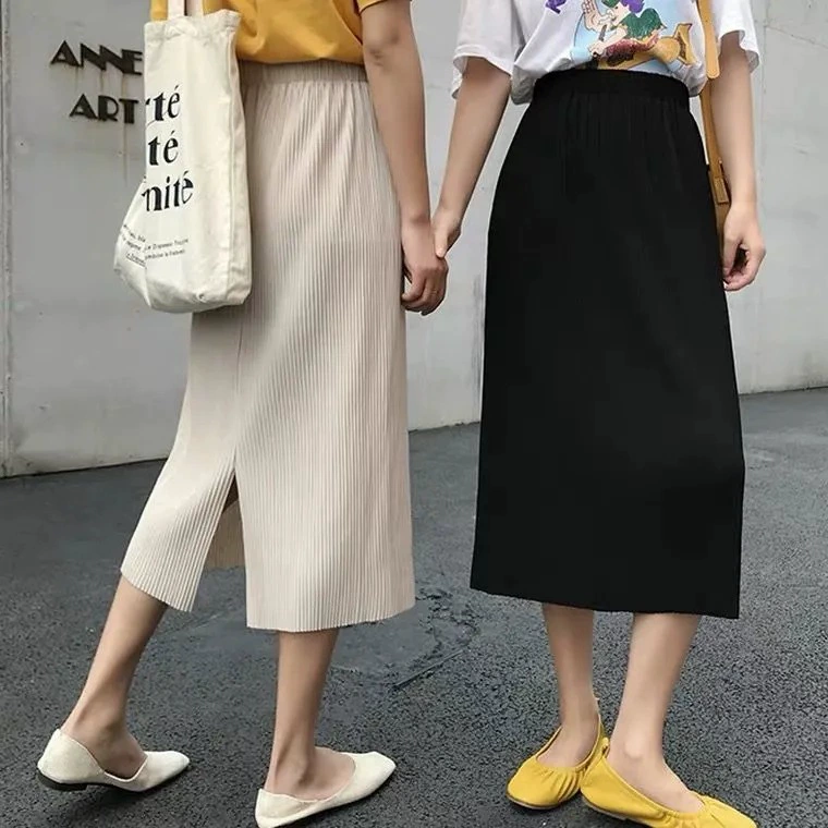 Трикотажная юбка из ледяного шелка для женщин, новинка лета 2024, в корейском стиле, шикарная и повседневная, с высокой талией, с разрезом, стройнящая, облегающая юбка.